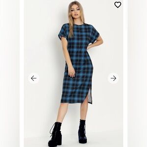 Blackmilk Tartan Grunge Blue Midi Tee Dress